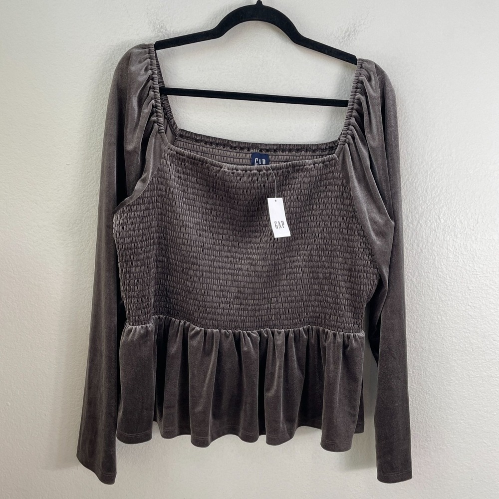 NEW Gap Womens Plus XXL Gray Smocked Peplum Velvet Top Puff Sleeve Square Neck
